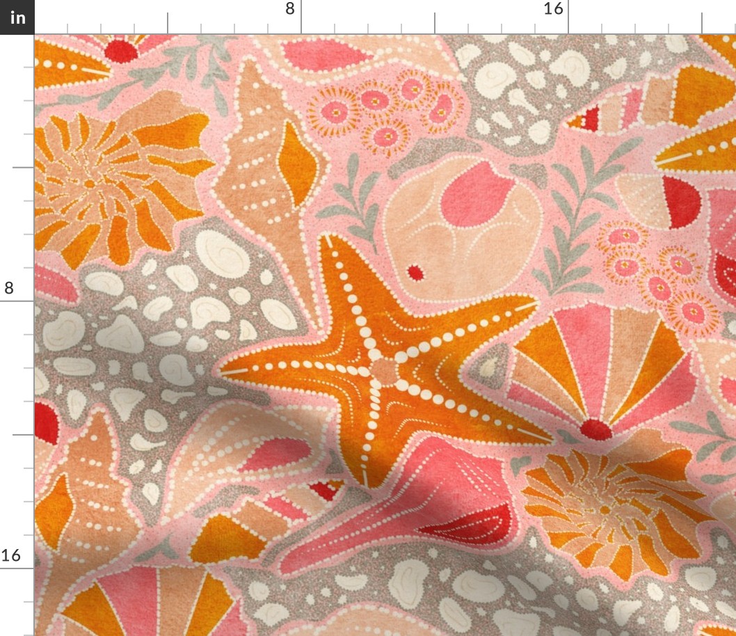 Just Beachy- Seashells Starfish on Sand with Sea Foam- Beach Combers Delight- Orange Coral on Pink- Large Scale