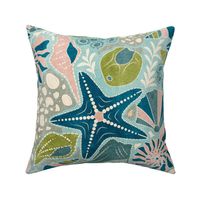 Just Beachy- Seashells Starfish on Sand with Sea Foam- Beach Combers Delight- Blue Green on Misty Turquoise- Large Scale