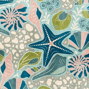 Just Beachy- Seashells Starfish on Sand with Sea Foam- Beach Combers Delight- Blue Green on Misty Turquoise- Large Scale