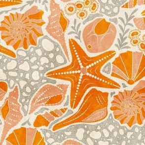 Just Beachy- Seashells Starfish on Sand with Sea Foam- Beach Combers Delight- Orange- Large Scale