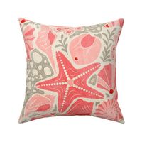 Just Beachy- Seashells Starfish on Sand with Sea Foam- Beach Combers Delight- Pink- Large Scale