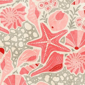 Just Beachy- Seashells Starfish on Sand with Sea Foam- Beach Combers Delight- Pink- Large Scale