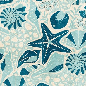 Just Beachy- Seashells Starfish on Sand with Sea Foam- Beach Combers Delight- Blue- Large Scale