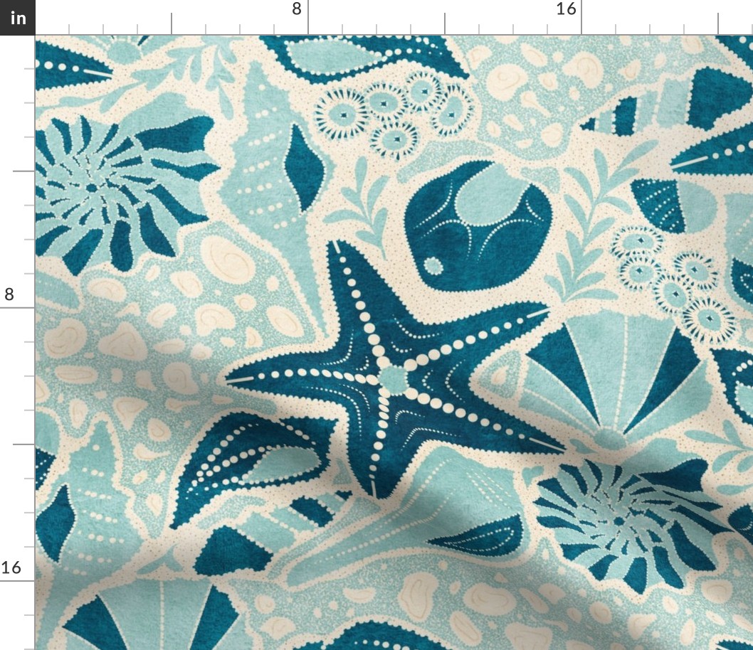 Just Beachy- Seashells Starfish on Sand with Sea Foam- Beach Combers Delight- Blue- Large Scale