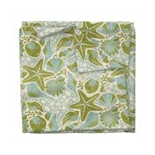 Just Beachy- Seashells Starfish on Sand with Sea Foam- Beach Combers Delight- Green- Large Scale