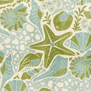 Just Beachy- Seashells Starfish on Sand with Sea Foam- Beach Combers Delight- Green- Large Scale