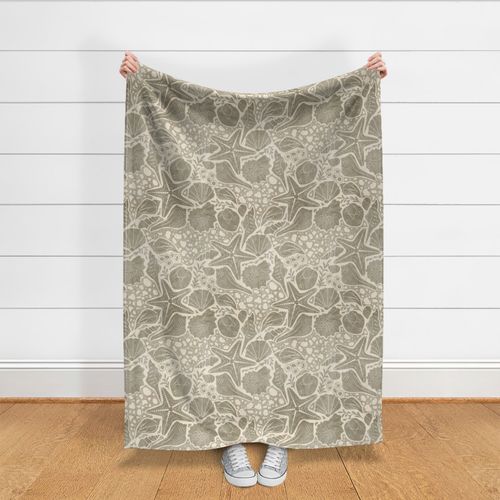 Just Beachy- Seashells Starfish on Sand with Sea Foam- Beach Combers Delight- Tan Gray Neutral- Large Scale