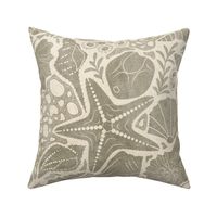 Just Beachy- Seashells Starfish on Sand with Sea Foam- Beach Combers Delight- Tan Gray Neutral- Large Scale