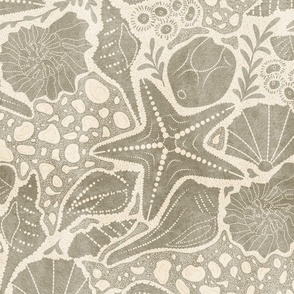 Just Beachy- Seashells Starfish on Sand with Sea Foam- Beach Combers Delight- Tan Gray Neutral- Large Scale