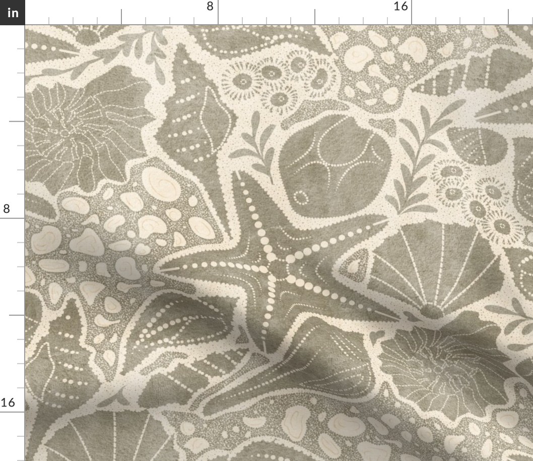 Just Beachy- Seashells Starfish on Sand with Sea Foam- Beach Combers Delight- Tan Gray Neutral- Large Scale