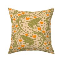 Reptile Pattern with Lizards,  Block Print Pond Frogs, Orange Lily Flowers on Yellow Background 