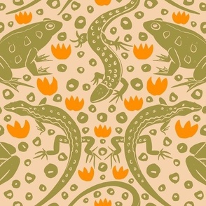 Reptile Pattern with Lizard Cartoon,  Happy Frogs, Orange Lily Flowers on Yellow Background 