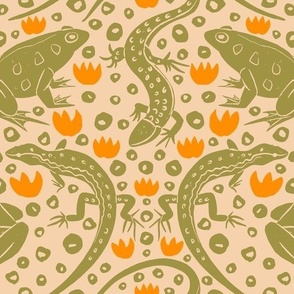 Reptile Pattern with Lizards,  Block Print Pond Frogs, Orange Lily Flowers on Yellow Background 