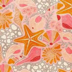 Just Beachy- Seashells Starfish on Sand with Sea Foam- Beach Combers Delight- Orange Coral on Pink- Regular Scale