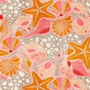 Just Beachy- Seashells Starfish on Sand with Sea Foam- Beach Combers Delight- Orange Coral on Pink- Small Scale