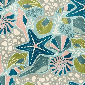 Just Beachy- Seashells Starfish on Sand with Sea Foam- Beach Combers Delight- Blue Green on Misty Turquoise- Regular Scale