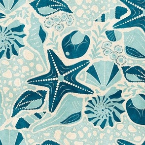 Just Beachy- Seashells Starfish on Sand with Sea Foam- Beach Combers Delight- Blue- Regular Scale