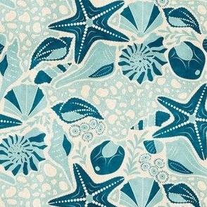 Just Beachy- Seashells Starfish on Sand with Sea Foam- Beach Combers Delight- Blue- Small Scale