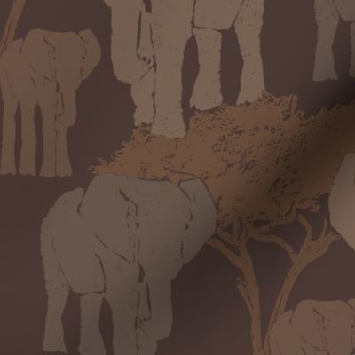Savannah Serenade: textured  Elephants and Trees Under the Night Sky, earthy tones, large
