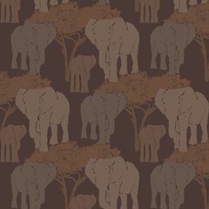 Savannah Serenade: textured  Elephants and Trees Under the Night Sky, earthy tones, large