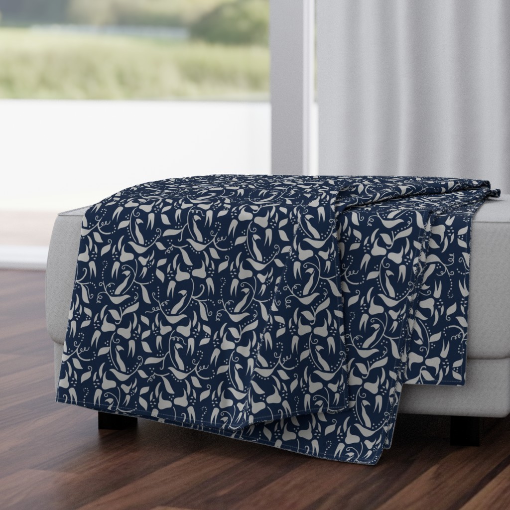 Victorian Gray Floral Vine on Navy Blue Smaller Size