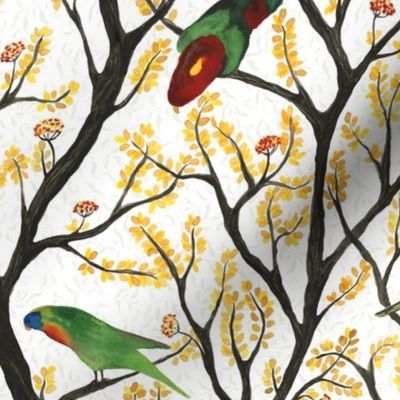 medium - Parrots on the tree - colorful hand-painted birds on white