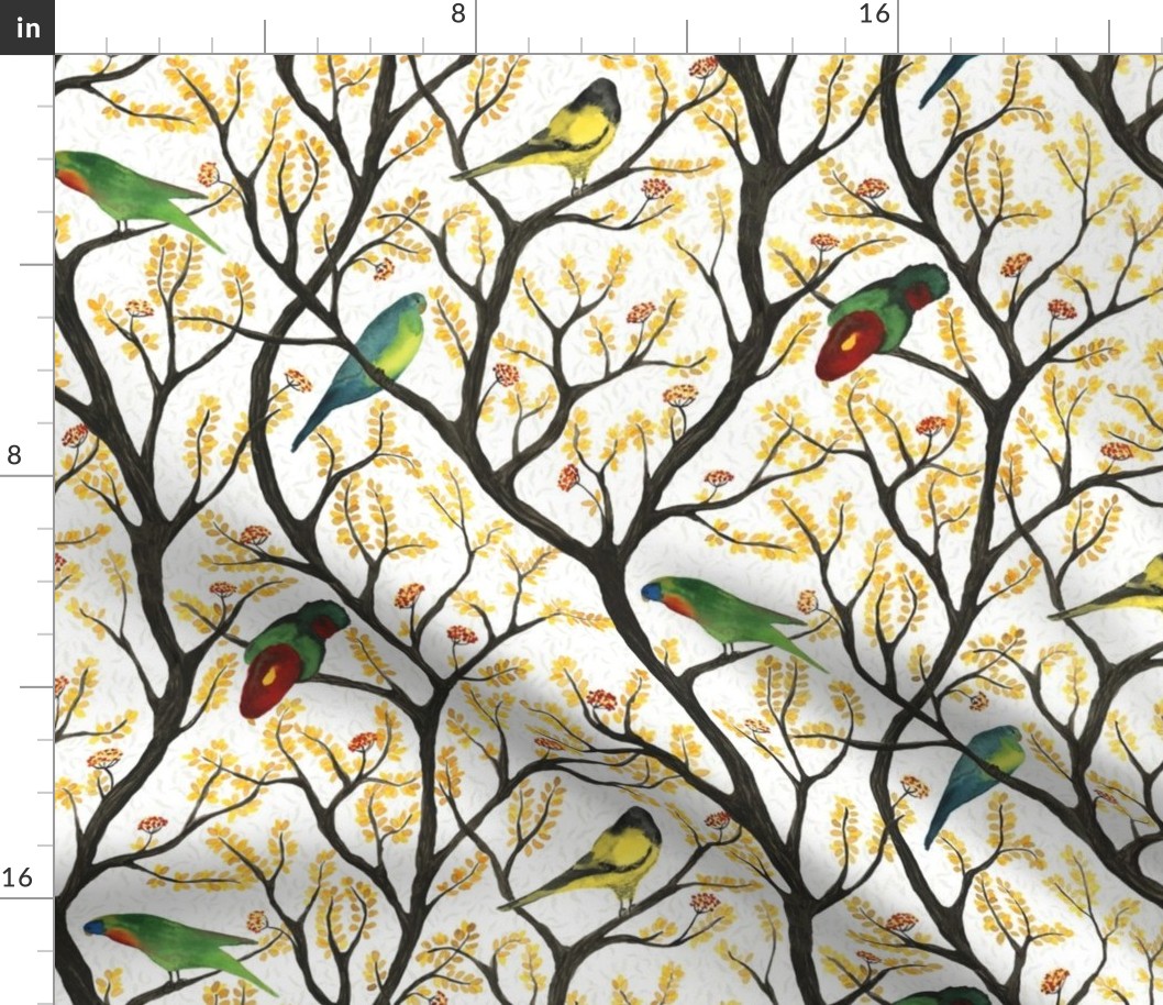 medium - Parrots on the tree - colorful hand-painted birds on white