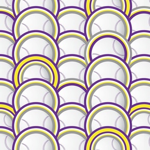   Baseballs Sophisticated Repetition—Purple, Yellow; 2400, v01; circles, scales, dots, stripe, violet, stitches, pitch, pitcher, birthday, bedding, duvey, curtain, bedroom, kitchen, tablecloth