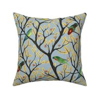 medium - Parrots on the tree - colorful hand-painted watercolor birds on light blue gray