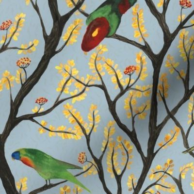 medium - Parrots on the tree - colorful hand-painted watercolor birds on light blue gray