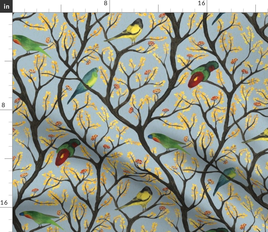 medium - Parrots on the tree - colorful hand-painted watercolor birds on light blue gray