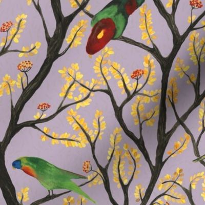 medium - Parrots on the tree - colorful hand-painted watercolor birds on rose quartz light purple