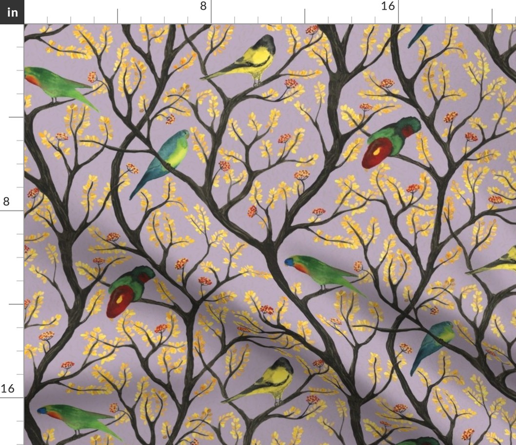 medium - Parrots on the tree - colorful hand-painted watercolor birds on rose quartz light purple