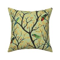 medium - Parrots on the tree - colorful hand-painted watercolor birds on light tea green