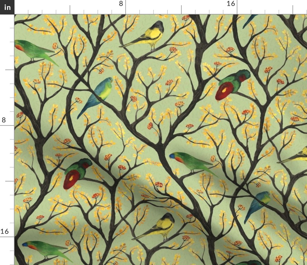 medium - Parrots on the tree - colorful hand-painted watercolor birds on light tea green