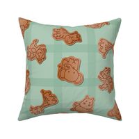 Animal Crackers Turquoise Medium - cookies, food, desert, kids, treat, children, babies, picnic, playroom, nursery, circus, fun, cute, brown, baking, gingham, checkered, monkeys, elephants, giraffes, lions, hippos  