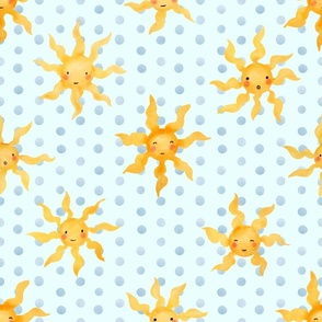 Whimsical Watercolor Suns: Cheerful Kids Clothing & Nursery Decor | Yellow on Frost Blue | Medium Scale