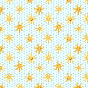 Whimsical Watercolor Suns: Cheerful Kids Clothing & Nursery Decor | Yellow on Frost Blue | Small Scale