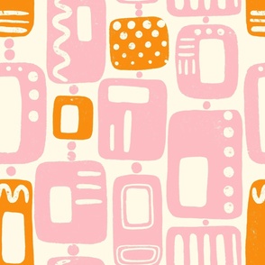 MID CENTURY MODERN SHAPES | 24" | Atomic era meets vintage block printing in this fun, abstract shapes pattern, inspired by 1970s colours of pink and vibrant orange on off-white background