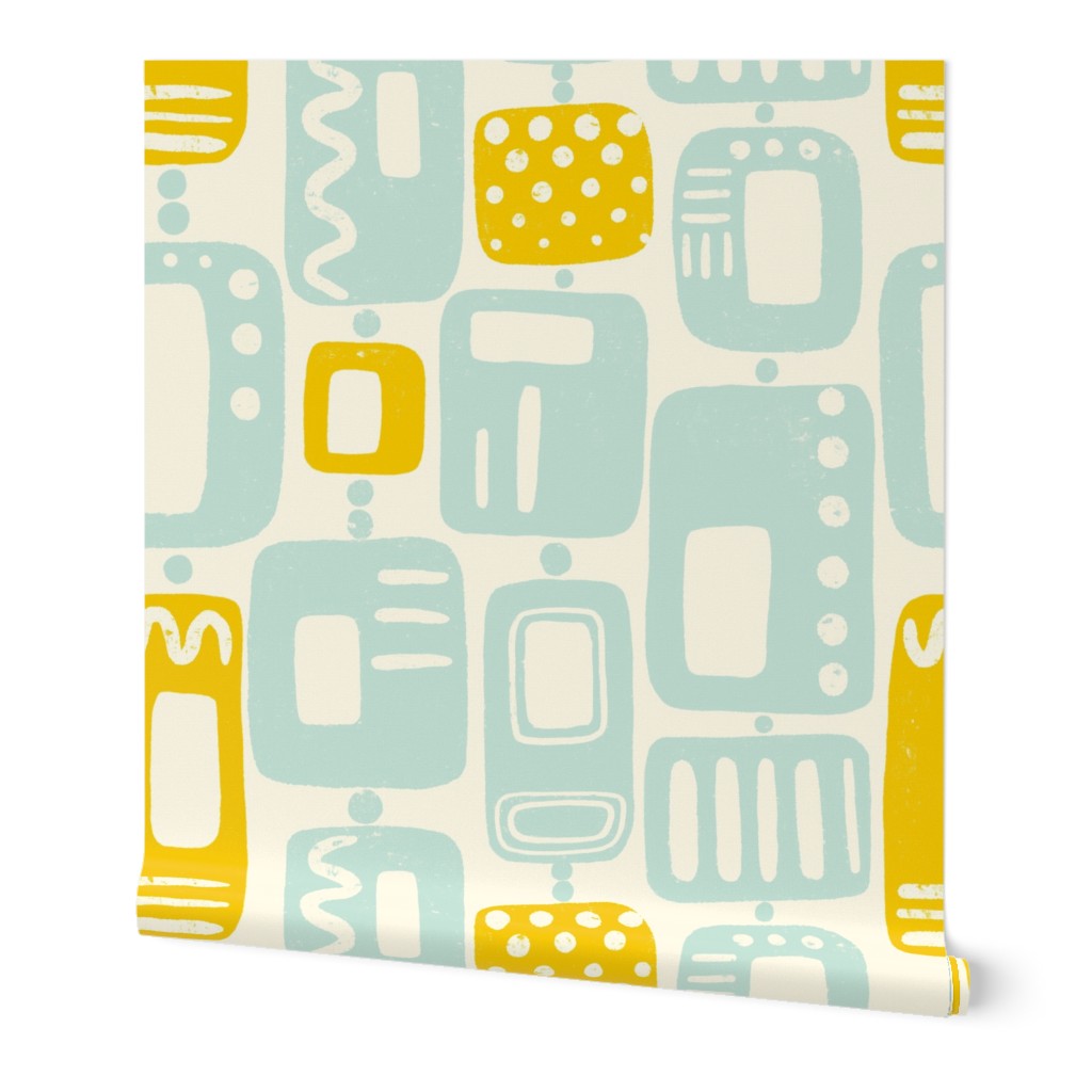 MID CENTURY MODERN SHAPES | 24" | Atomic era meets vintage block printing in this fun, abstract shapes pattern, in bright mint green and yellow on off-white background