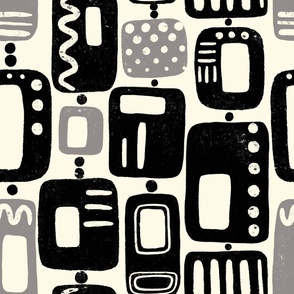 MID CENTURY MODERN SHAPES | 24" | Atomic era meets vintage block printing in this fun, abstract shapes pattern, in anthracite black and stone grey on off-white background