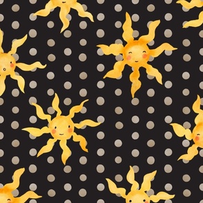 Whimsical Watercolor Suns: Cheerful Kids Clothing & Nursery Decor | Yellow on Velvet Black | Large Scale