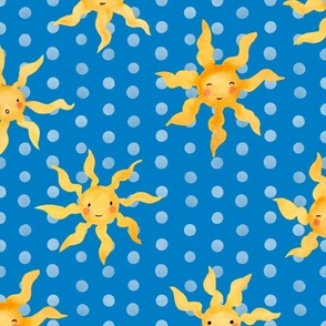 Whimsical Watercolor Suns: Cheerful Kids Clothing & Nursery Decor | Yellow on Cerulean Blue | Large Scale