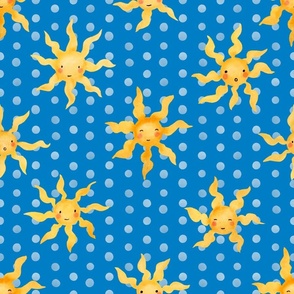 Whimsical Watercolor Suns: Cheerful Kids Clothing & Nursery Decor | Yellow on Cerulean Blue | Medium Scale