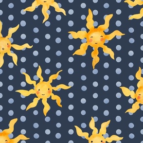 Whimsical Watercolor Suns: Cheerful Kids Clothing & Nursery Decor | Yellow on Navy Blue | Large Scale