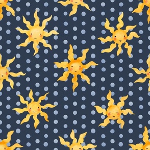 Whimsical Watercolor Suns: Cheerful Kids Clothing & Nursery Decor | Yellow on Navy Blue | Medium Scale