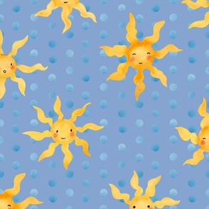 Whimsical Watercolor Suns: Cheerful Kids Clothing & Nursery Decor | Yellow on Berlin Blue | Large Scale