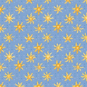 Whimsical Watercolor Suns: Cheerful Kids Clothing & Nursery Decor | Yellow on Berlin Blue | Small Scale