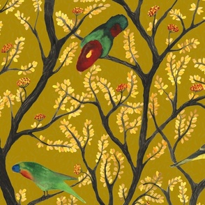 large - Parrots on the tree colorful hand painted watercolor birds on golden yellow brown
