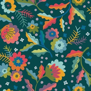 Jacobean Welcome Floral - Brights On Teal
